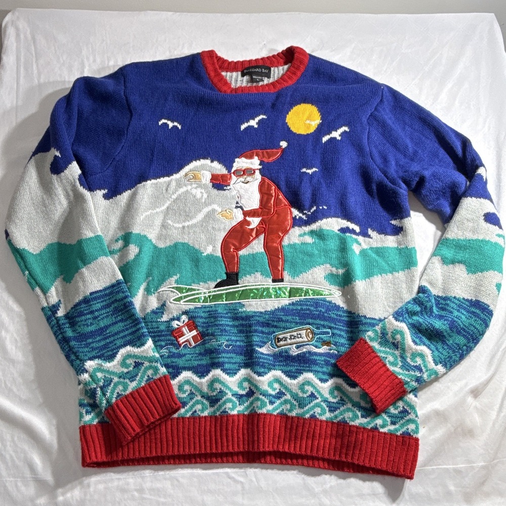 Blizzard Bay Santa Sweater Large Christmas Waves Blue Red Surfing Holiday Unisex